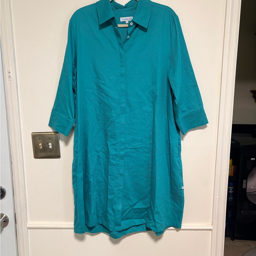 Petite Sophisticate Teal‎ Button-Front Midi Shirt Dress